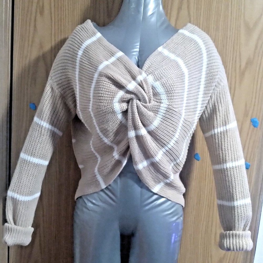 FCT Full Circle Trends Faux Wrap Long Sleeve Sweater TIED TWIST FRONT LARGE, TAN